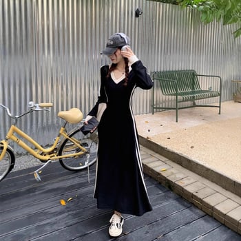 Раирана рокля тип тениска с V-образно деколте и дълъг ръкав, А-линия, висока талия, полиестерна тъкан