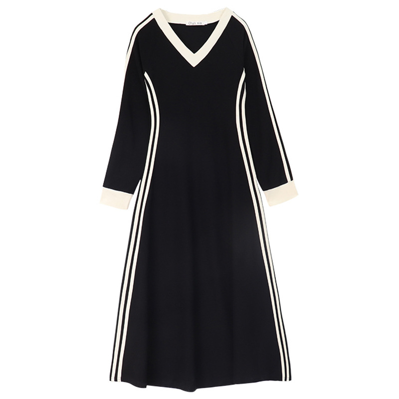 Раирана рокля тип тениска с V-образно деколте и дълъг ръкав, А-линия, висока талия, полиестерна тъкан