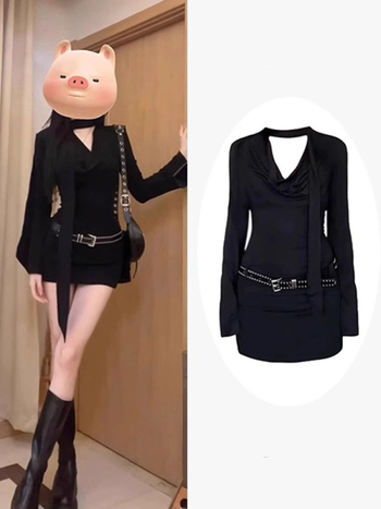 Черна рокля с халтерна яка и дълги ръкави, висока талия, А-образна къса пола, плат Cool Silk Cotton