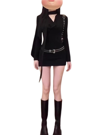 Черна рокля с халтерна яка и дълги ръкави, висока талия, А-образна къса пола, плат Cool Silk Cotton