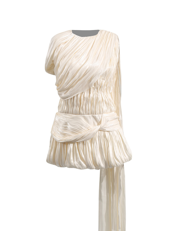 Дамска рокля без ръкави с висока талия и детайли водни вълни, плат 70–80% полиестер и до 30% памук, кръгло деколте, средна дължина, елегантен стил