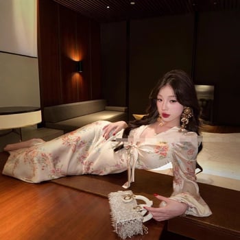 Рокля с V-образно деколте, принт, дълга рокля с фиштайл (рибешка опашка), А-линеен силует, полиестер