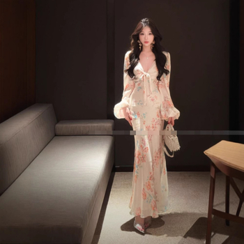 Рокля с V-образно деколте, принт, дълга рокля с фиштайл (рибешка опашка), А-линеен силует, полиестер