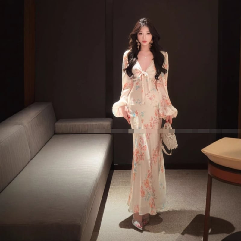 Рокля с V-образно деколте, принт, дълга рокля с фиштайл (рибешка опашка), А-линеен силует, полиестер