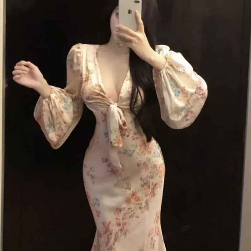 Рокля с V-образно деколте, принт, дълга рокля с фиштайл (рибешка опашка), А-линеен силует, полиестер