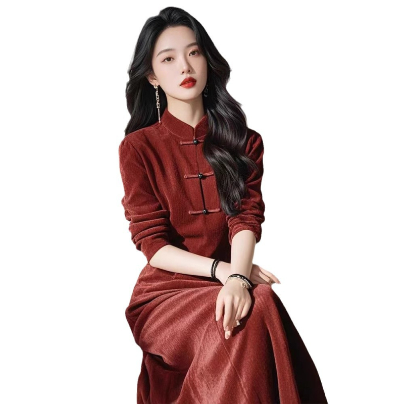 Haljina od poliestera sa stojećim ovratnikom, dugim rukavima, A-kroj, srednja duljina, visokim strukom