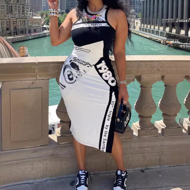 FC1215Y2K Локомотивен стил – дигитален печат, рокля без ръкави, кръгло деколте, миди дължина, стегнат силует