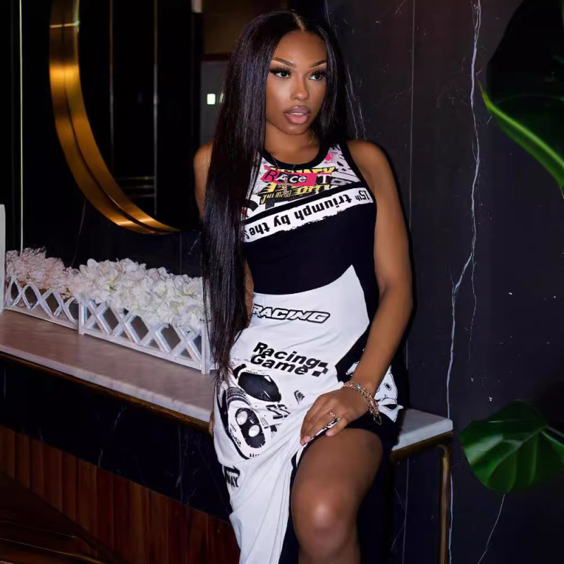 FC1215Y2K Локомотивен стил – дигитален печат, рокля без ръкави, кръгло деколте, миди дължина, стегнат силует