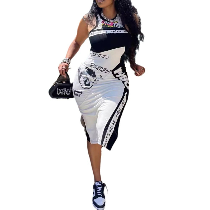 FC1215Y2K Локомотивен стил – дигитален печат, рокля без ръкави, кръгло деколте, миди дължина, стегнат силует