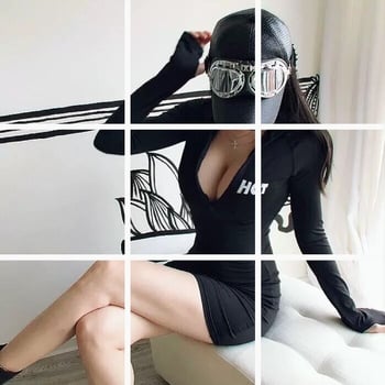 Полиестерова рокля с дълги ръкави, цип в стойка яка, къса пола, принт с букви