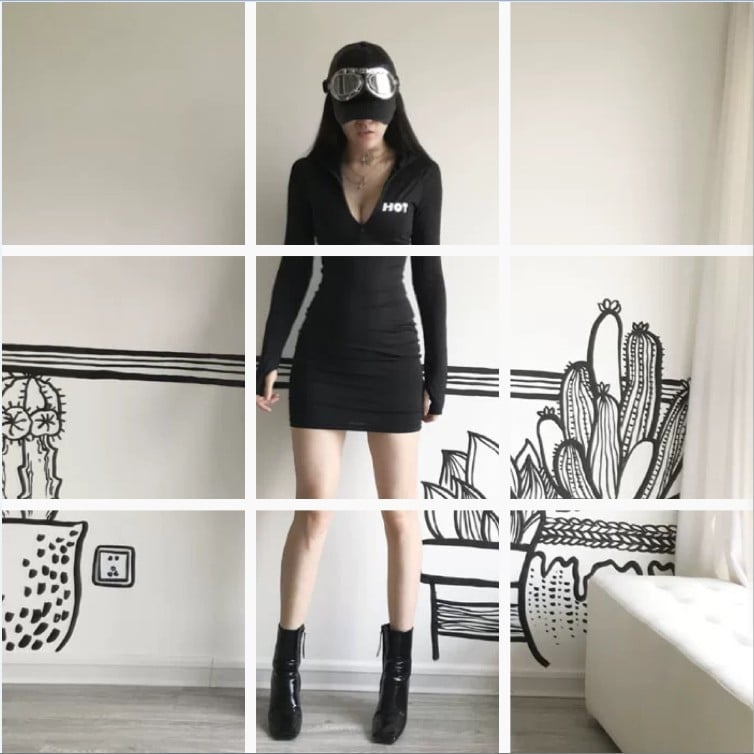 Полиестерова рокля с дълги ръкави, цип в стойка яка, къса пола, принт с букви