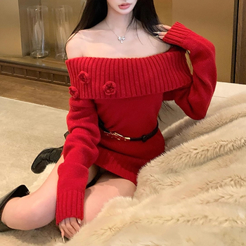 Елегантно плетено рокля с яка с една линия, дълги ръкави, висока талия и А-образна пола