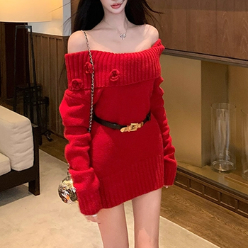 Елегантно плетено рокля с яка с една линия, дълги ръкави, висока талия и А-образна пола