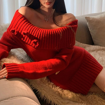 Елегантно плетено рокля с яка с една линия, дълги ръкави, висока талия и А-образна пола