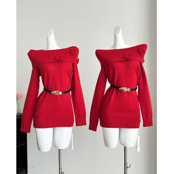 Елегантно плетено рокля с яка с една линия, дълги ръкави, висока талия и А-образна пола