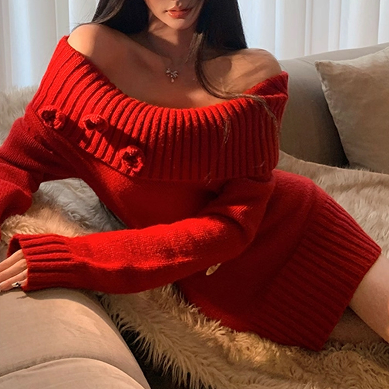 Елегантно плетено рокля с яка с една линия, дълги ръкави, висока талия и А-образна пола