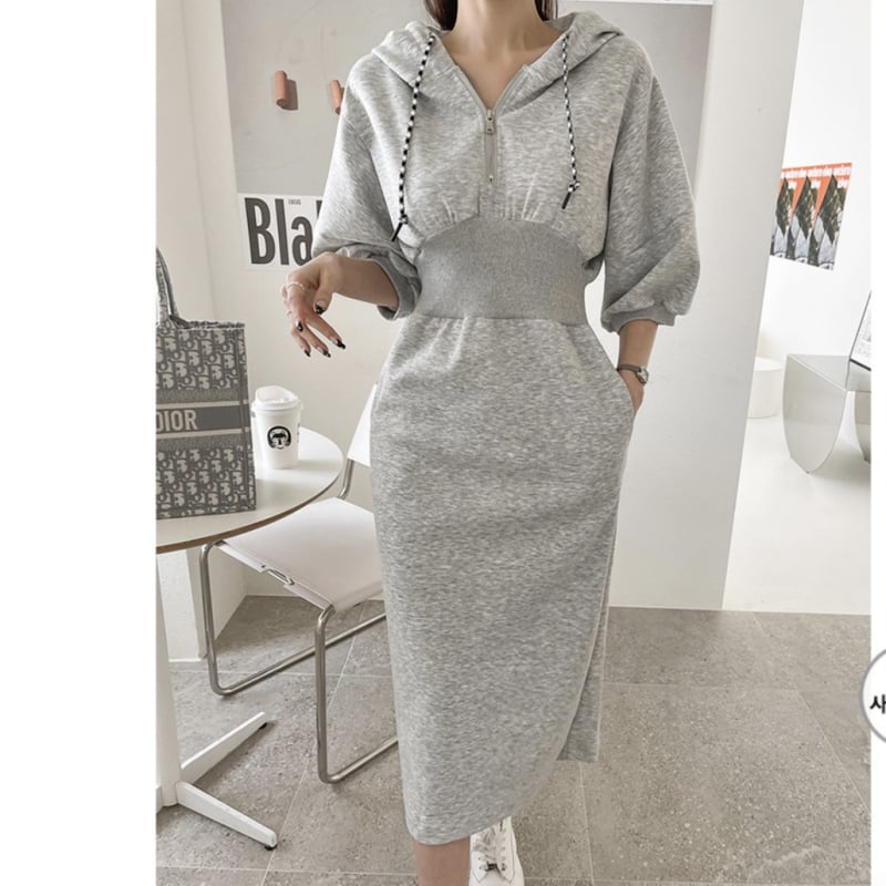 Худи рокля с цип в талията за стягане, задна цепка, дълги ръкави, дълга пола, есен 2025