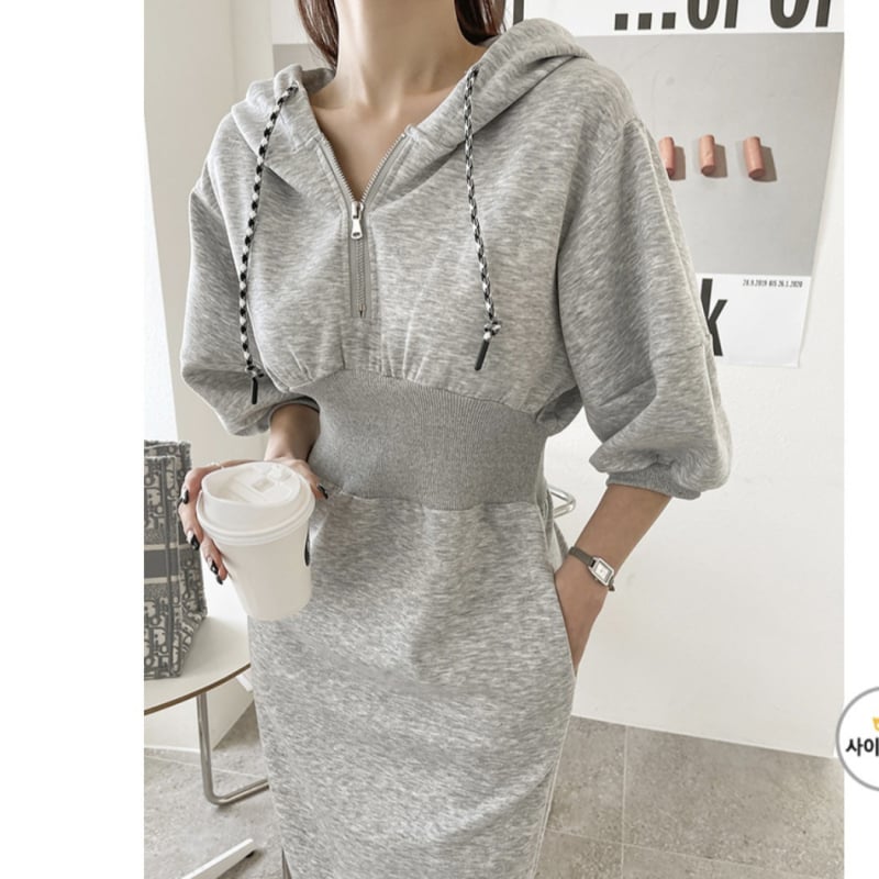 Худи рокля с цип в талията за стягане, задна цепка, дълги ръкави, дълга пола, есен 2025