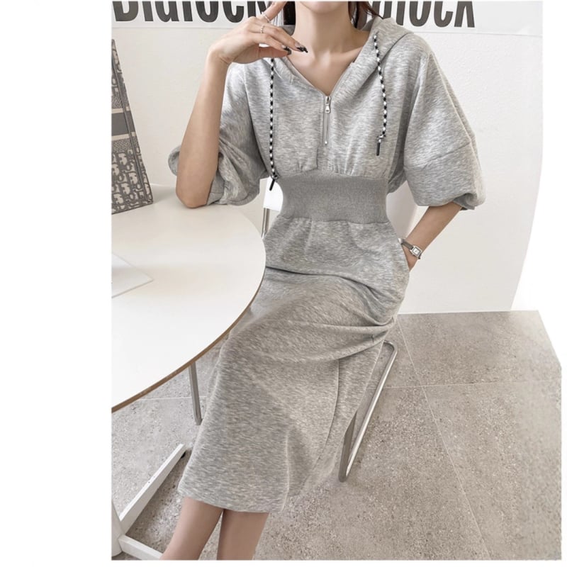 Худи рокля с цип в талията за стягане, задна цепка, дълги ръкави, дълга пола, есен 2025
