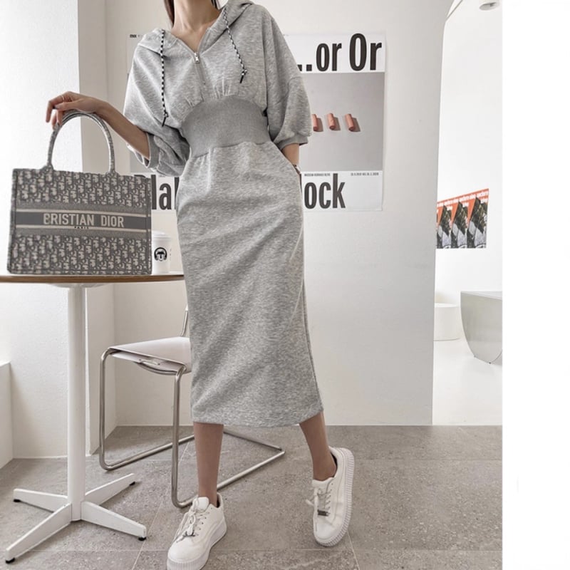 Худи рокля с цип в талията за стягане, задна цепка, дълги ръкави, дълга пола, есен 2025