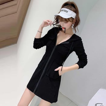 Памучна рокля с качулка, дълги ръкави, А-линия, подчертана талия, корейски стил