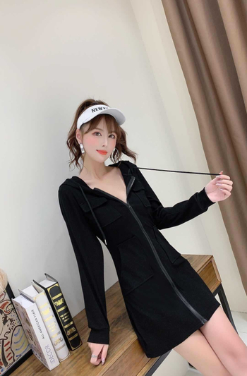 Памучна рокля с качулка, дълги ръкави, А-линия, подчертана талия, корейски стил