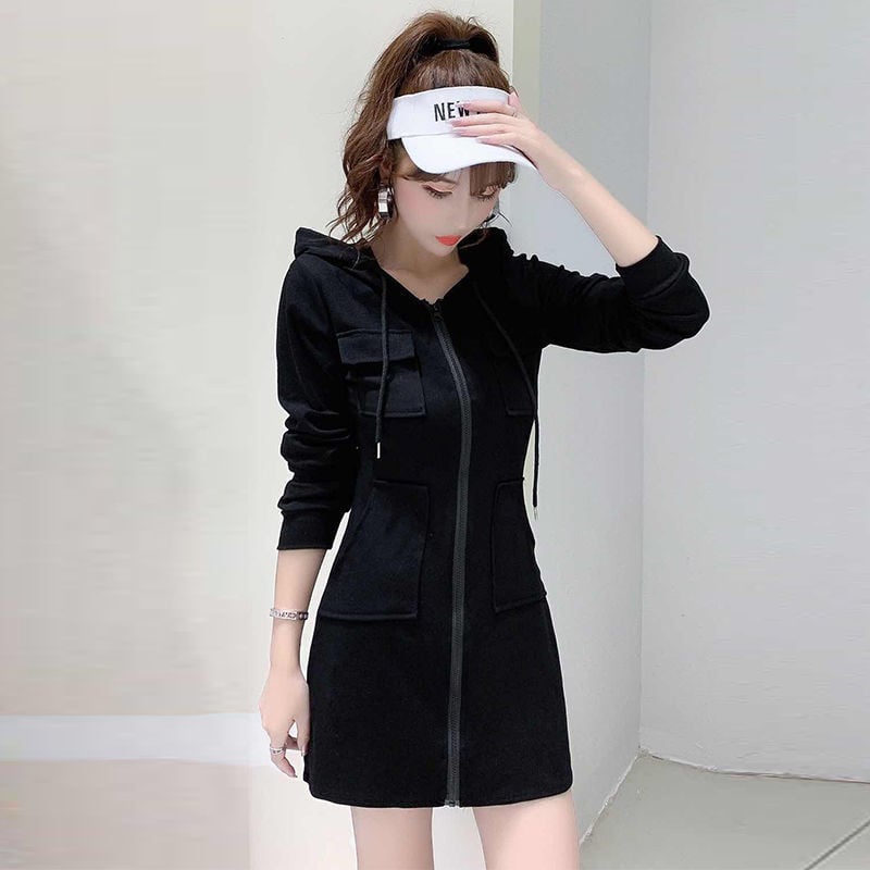 Памучна рокля с качулка, дълги ръкави, А-линия, подчертана талия, корейски стил