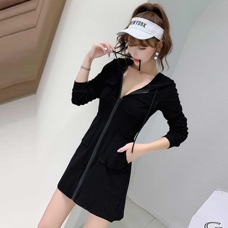 Памучна рокля с качулка, дълги ръкави, А-линия, подчертана талия, корейски стил