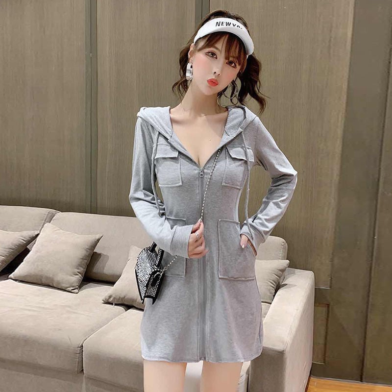 Памучна рокля с качулка, дълги ръкави, А-линия, подчертана талия, корейски стил