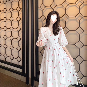 Дълга рокля с флорален принт, полиестер, висока талия, пухкави ръкави, А-линейна кройка