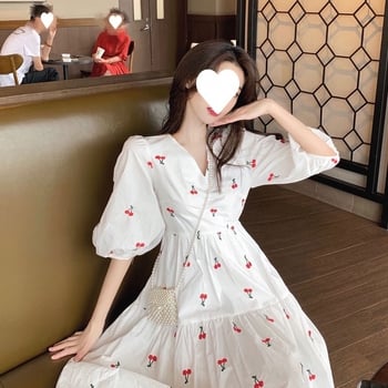 Дълга рокля с флорален принт, полиестер, висока талия, пухкави ръкави, А-линейна кройка