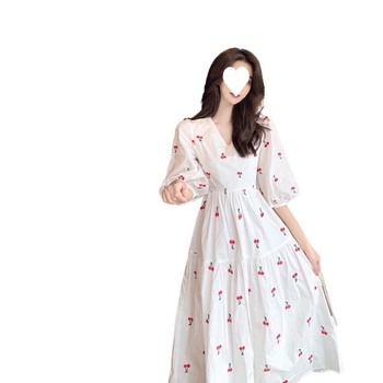 Дълга рокля с флорален принт, полиестер, висока талия, пухкави ръкави, А-линейна кройка