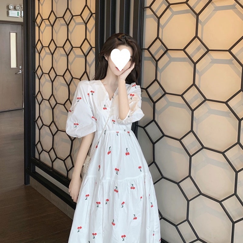 Дълга рокля с флорален принт, полиестер, висока талия, пухкави ръкави, А-линейна кройка