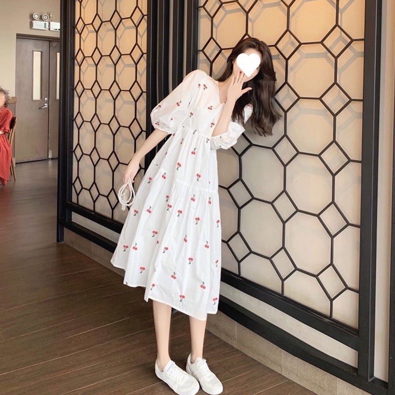 Дълга рокля с флорален принт, полиестер, висока талия, пухкави ръкави, А-линейна кройка