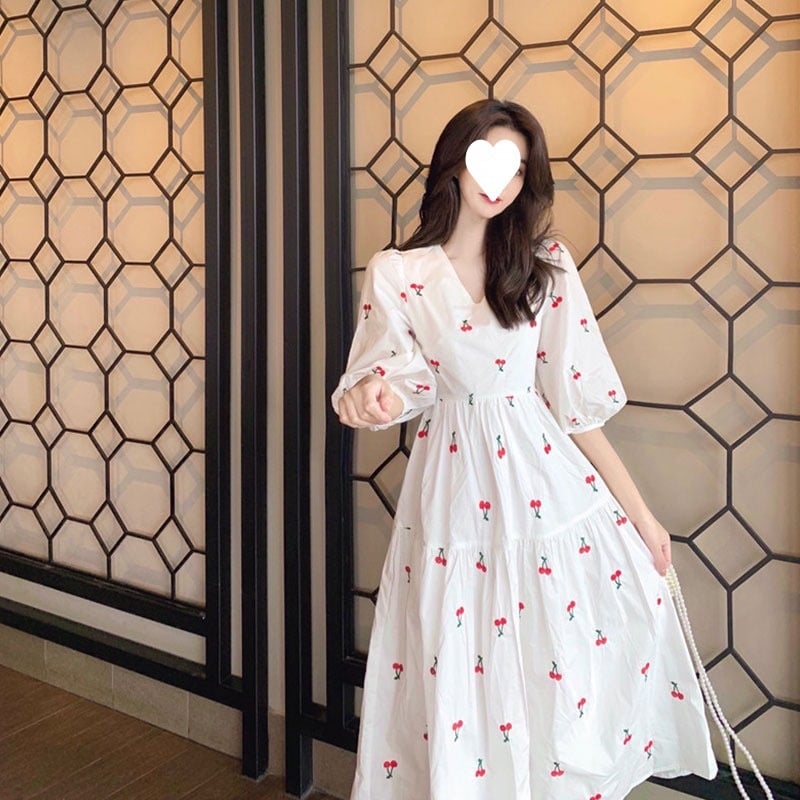 Дълга рокля с флорален принт, полиестер, висока талия, пухкави ръкави, А-линейна кройка