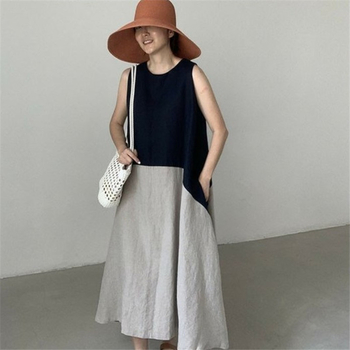 Памучно-ленена безръкавна рокля с кръгло деколте, дължина до коляното, А-линеен силует