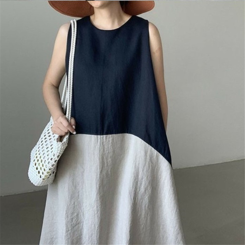 Памучно-ленена безръкавна рокля с кръгло деколте, дължина до коляното, А-линеен силует