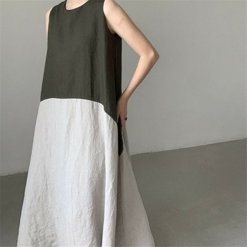 Памучно-ленена безръкавна рокля с кръгло деколте, дължина до коляното, А-линеен силует