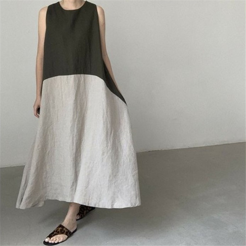 Памучно-ленена безръкавна рокля с кръгло деколте, дължина до коляното, А-линеен силует