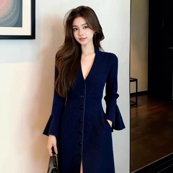 Полиестерна плетена рокля, V-образно деколте, дълги ръкави, висока талия, силует А-линия — елегантен стил за официални поводи