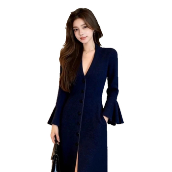 Полиестерна плетена рокля, V-образно деколте, дълги ръкави, висока талия, силует А-линия — елегантен стил за официални поводи