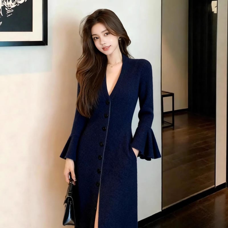 Полиестерна плетена рокля, V-образно деколте, дълги ръкави, висока талия, силует А-линия — елегантен стил за официални поводи