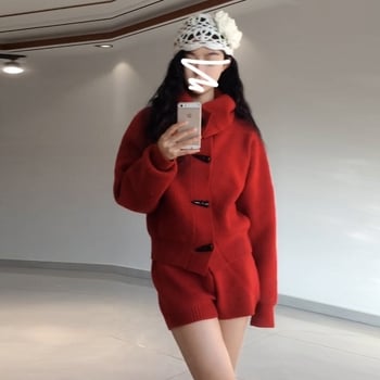 Плетен комплект от пуловер и къса пола, висока яка, дълги ръкави, полиестер, пролет 2025