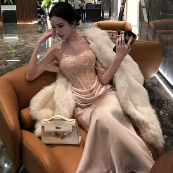 Rochie lungă sirenă cu top tip bustier, bretele, broderie, poliester, talie înaltă, toamnă 2025
