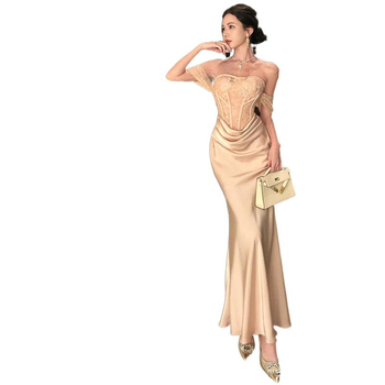Rochie lungă sirenă cu top tip bustier, bretele, broderie, poliester, talie înaltă, toamnă 2025