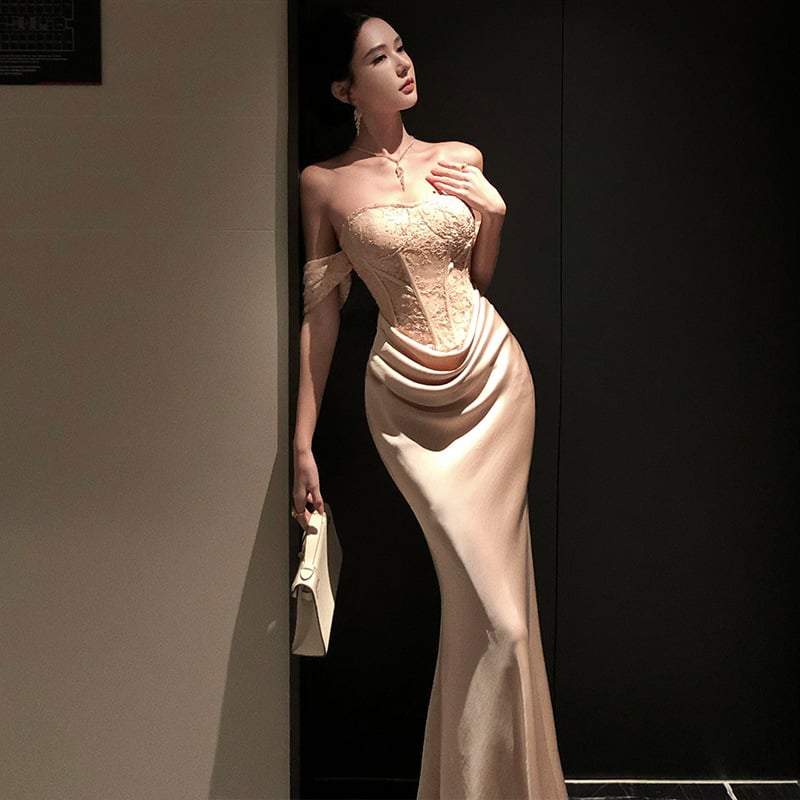 Rochie lungă sirenă cu top tip bustier, bretele, broderie, poliester, talie înaltă, toamnă 2025