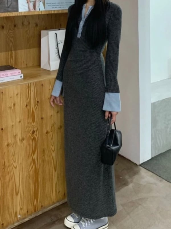 Дълга плетена рокля с висока талия, А-линия силует, кръгло деколте, пуловер стил и панелен дизайн