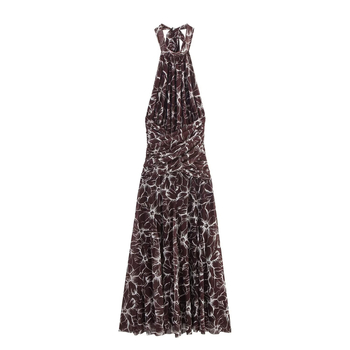 Rochie maxi din poliester, imprimeu floral, decolteu halterneck, fără mâneci