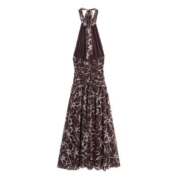 Rochie maxi din poliester, imprimeu floral, decolteu halterneck, fără mâneci