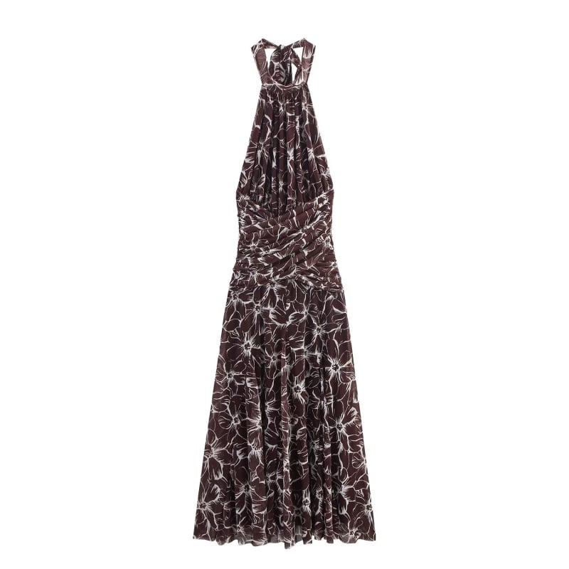 Rochie maxi din poliester, imprimeu floral, decolteu halterneck, fără mâneci